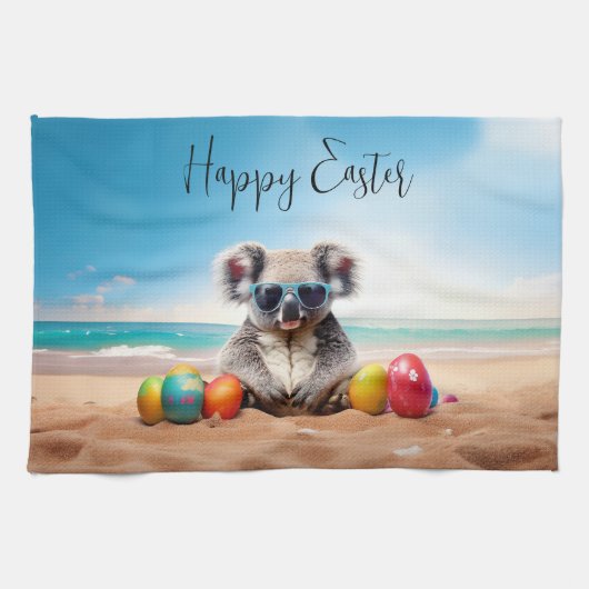 Koala am Strand mit Ostereiern Happy Oaster Geschirrtuch (Horizontal)