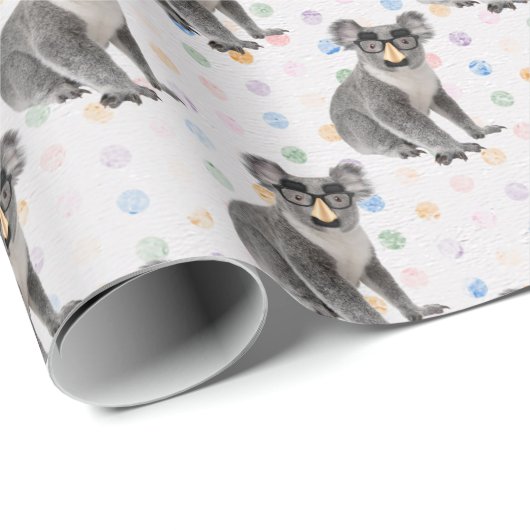 Koala-Bär mit Groucho-Brille auf Polka-Punkten Geschenkpapier (Rolleneckpunkt)