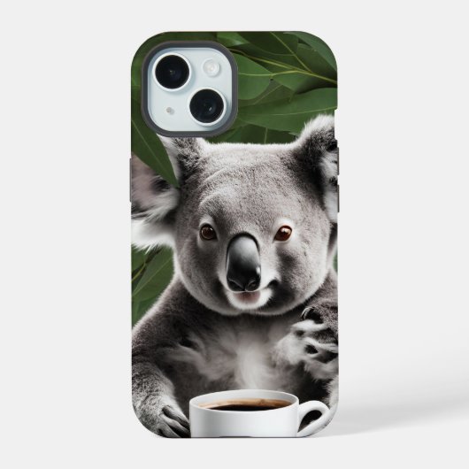 Koala-Bär mit Kaffee-Tasse, gemütliches Design iPhone 15 Hülle (Rückseite)