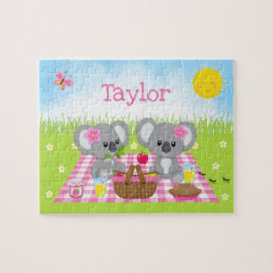 Koala-Bär-Picknick-Mädchen Rosa Gingham Puzzle