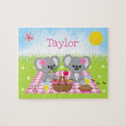 Koala-Bär-Picknick-Mädchen Rosa Gingham Puzzle (Horizontal)
