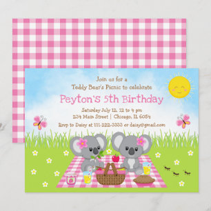 Koala-Bär-Picknick-Rosa-Gingham-Geburtstag Einladung