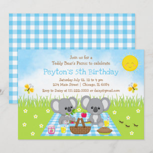 Koala-Bären-Picknick-Blau-Gingham-Geburtstag Einladung