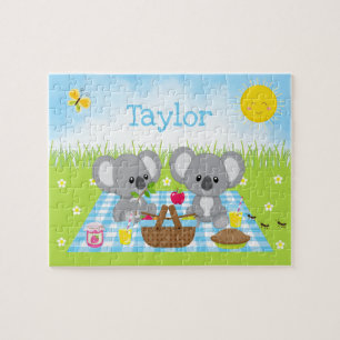 Koala-Bären-Picknick-Junge-blau kariert Puzzle