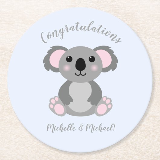 Koala Bear Baby Dusche Blue Runder Pappuntersetzer (Vorderseite)
