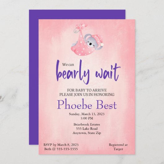 Koala bear Baby Dusche Einladung (Vorne/Hinten)