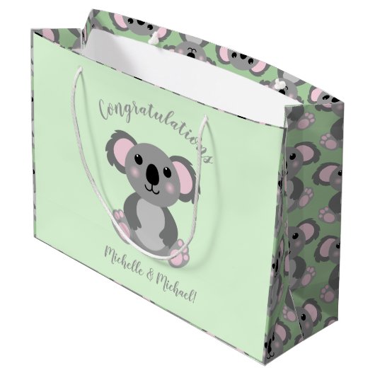 Koala Bear Baby Shower Green Gender Neutral Große Geschenktüte (Rückseite Schrägansicht)