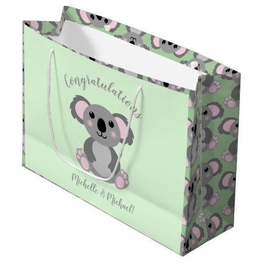 Koala Bear Baby Shower Green Gender Neutral Große Geschenktüte (Vorderseite Schrägansicht)