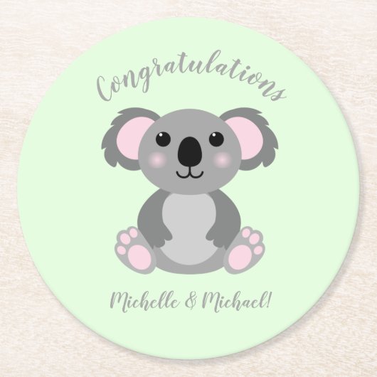 Koala Bear Baby Shower Green Gender Neutral Runder Pappuntersetzer (Vorderseite)