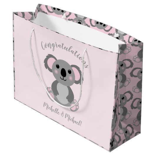 Koala Bear Baby Shower Pink Girl Große Geschenktüte (Rückseite Schrägansicht)