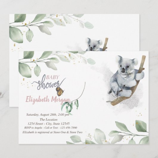 Koala Bear Blätter Kinderdusche Einladung (Vorne/Hinten)