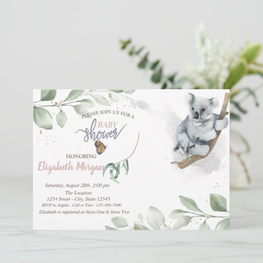 Koala Bear Blätter Kinderdusche Einladung (Stehend Vorderseite)