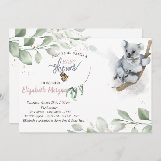 Koala Bear Blätter Kinderdusche Einladung (Vorne/Hinten)