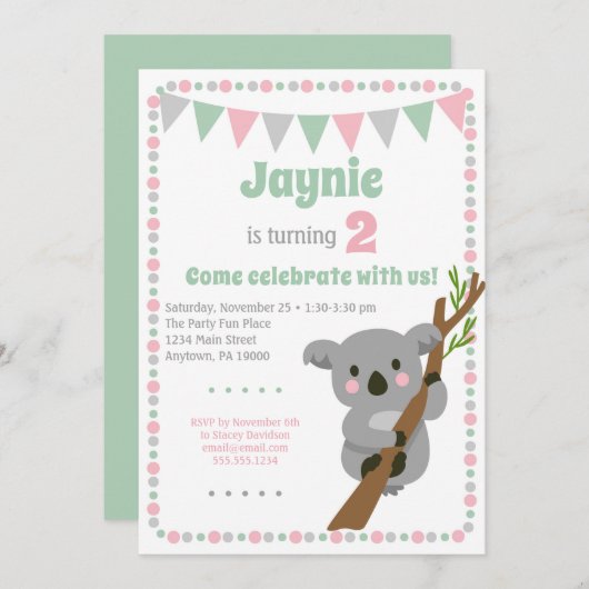 Koala Bear Einladung Niedliche Geburtstag Party (Vorne/Hinten)