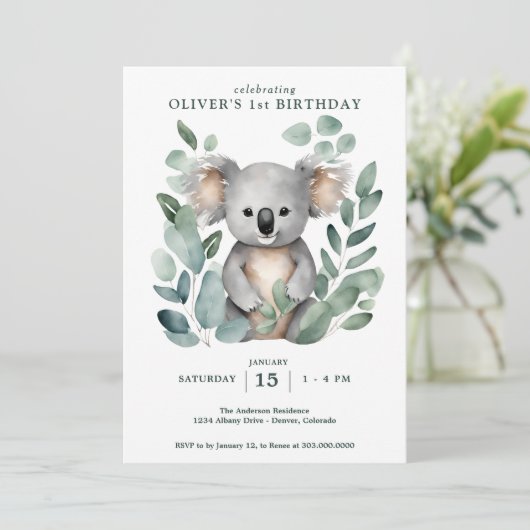 Koala Bear FIrst Birthday Einladung (Stehend Vorderseite)