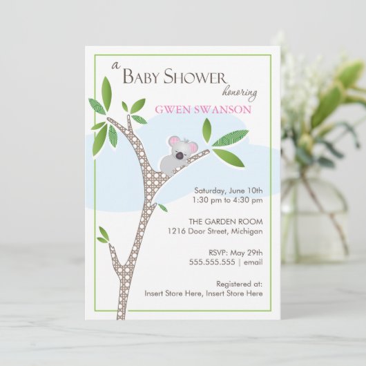 Koala Bear - Girl Baby Shower Einladung (Stehend Vorderseite)