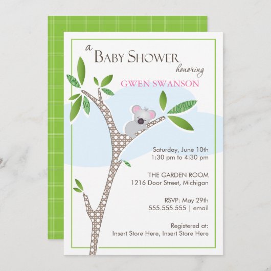 Koala Bear - Girl Baby Shower Einladung (Vorne/Hinten)