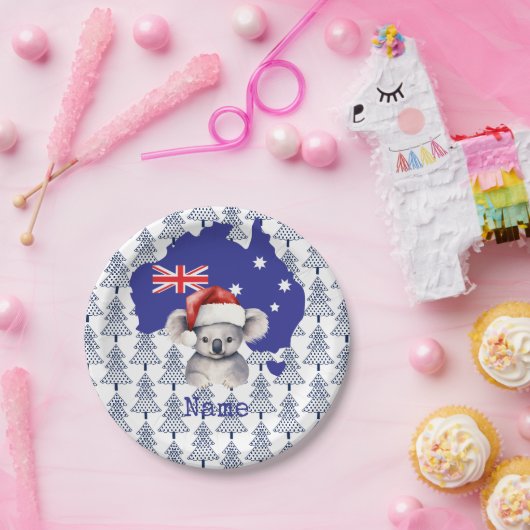 Koala Bear on Australia Flag and Christmas Tree Pappteller (Party)