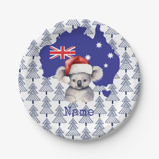 Koala Bear on Australia Flag and Christmas Tree Pappteller (Vorderseite)