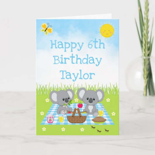 Koala Bear Picnic Blue Gingham Happy Birthday Karte (Vorderseite)