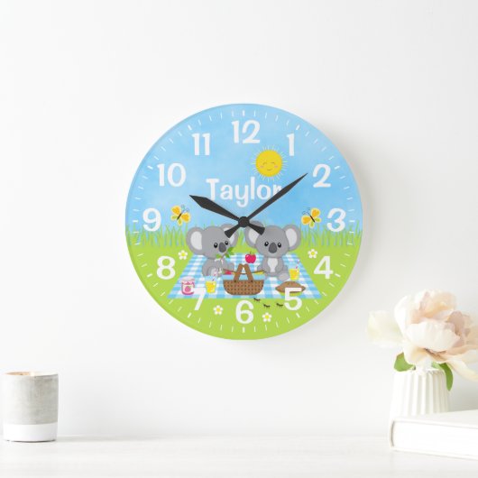 Koala Bear Picnic Blue Große Wanduhr (Zuhause)