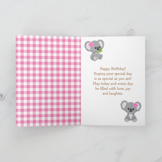 Koala Bear Picnic Pink Gingham Happy Birthday Karte (Innenseite)
