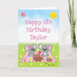 Koala Bear Picnic Pink Gingham Happy Birthday Karte
