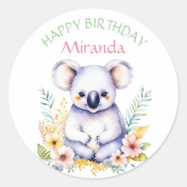Koala Bear Themed Girl's Happy Birthday Runder Aufkleber