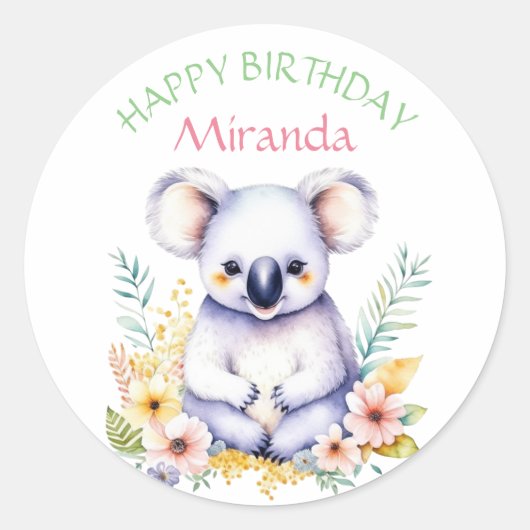 Koala Bear Themed Girl's Happy Birthday Runder Aufkleber (Vorderseite)
