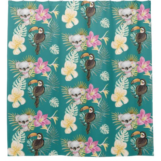 Koala Bear und Toucan Bird Aquamarines Muster Duschvorhang (Vorderseite)