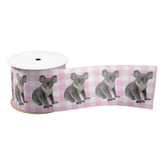 Koala Bears auf Rosa und Weiß Gingham Satinband (Spule)