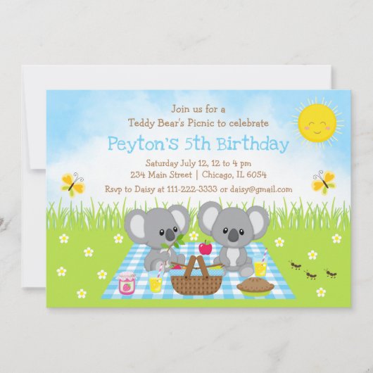 Koala Bear's Picnic Blue Gingham Birthday Einladung (Vorderseite)