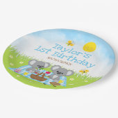 Koala Bears Picnic Blue Gingham Birthday Party Pappteller (Schrägansicht)