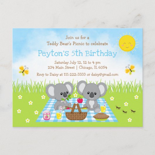 Koala Bear's Picnic Blue Gingham Birthday Postkarte (Vorderseite)
