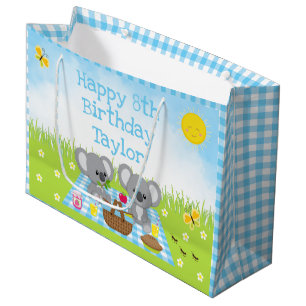 Koala Bears Picnic Blue Gingham Happy Birthday Große Geschenktüte