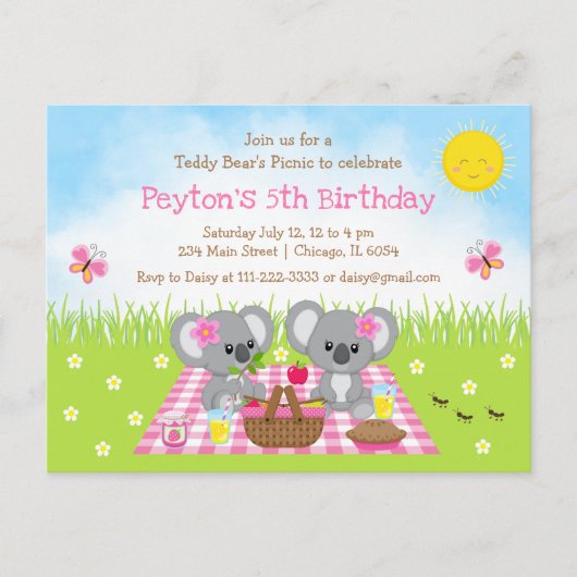 Koala Bear's Picnic Pink Gingham Birthday Postkarte (Vorderseite)