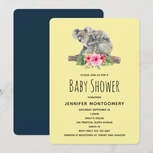 Koala Bears Wasserfarbe Niedliche Mama & Babydusch Einladung (Vorne/Hinten)