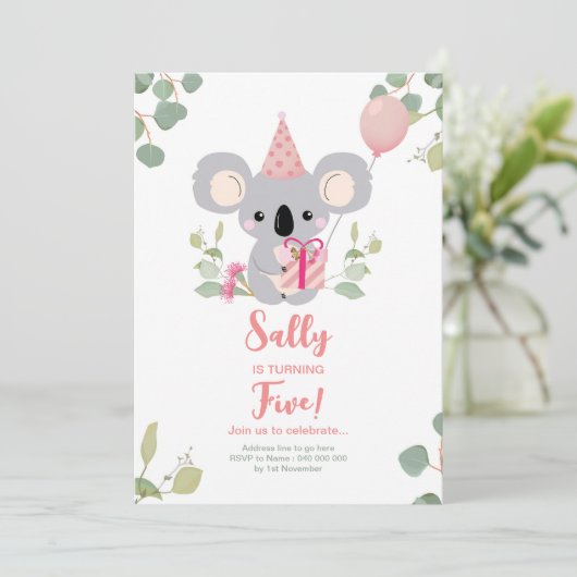 Koala Birthday Einladung (Stehend Vorderseite)