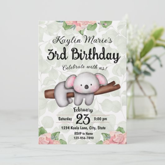 Koala Birthday Einladung (Stehend Vorderseite)