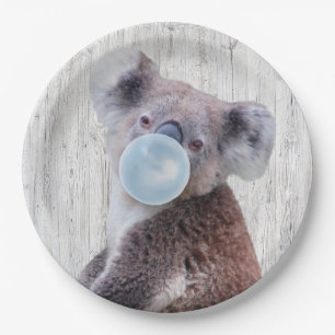 Koala bläst blaues Kaugummi Holzstruktur Pappteller