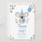 Koala Boy First Birthday Blue Einladung (Vorderseite)