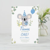 Koala Boy First Birthday Blue Einladung (Stehend Vorderseite)