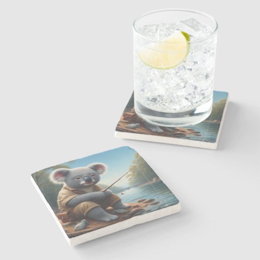 Koala Fishing Steinuntersetzer (Seitenansicht)