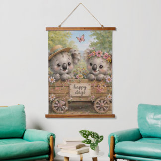 Koala-Freunde teilen glückliche Tage unter Blumen Wandteppich Mit Holzrahmen