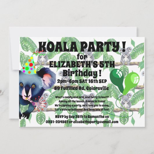 KOALA Geburtstagsparty Einladung (Vorderseite)
