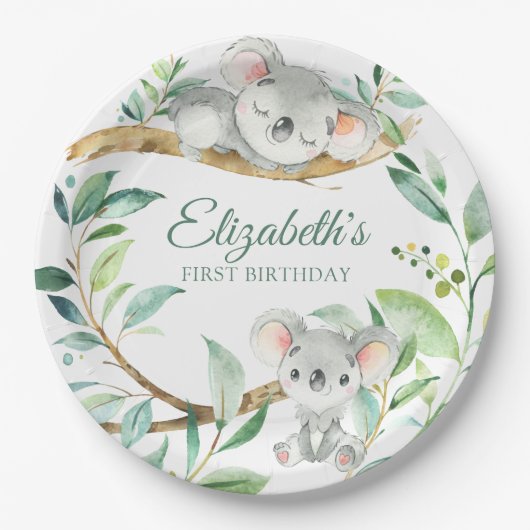 Koala Green und Gray Gender Neutral Baby Birthday Pappteller (Vorderseite)
