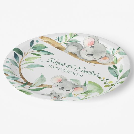 Koala Green und Gray Gender Neutral Baby Dusche Pappteller (Schrägansicht)
