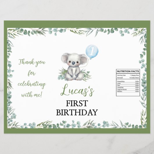 Koala Greenery Boy Birthday Chip Bag Wrapper Flyer (Vorne)