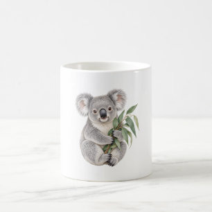 Koala hält Eukalyptusblätter Kaffeetasse