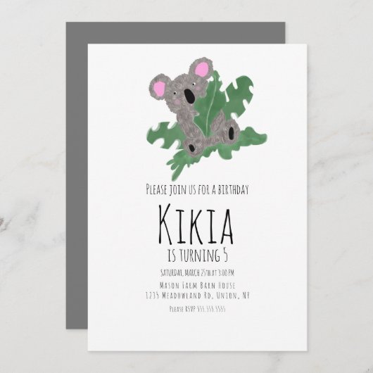 Koala Hand Drawn Animal Birthday Party Einladung (Vorne/Hinten)